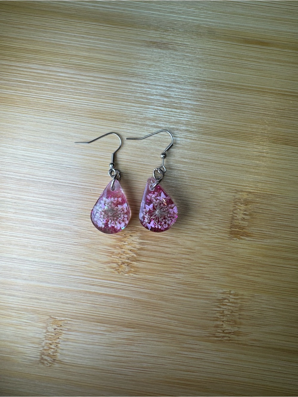 Handmade Pink Teardrop Resin Earrings with Dried Flowers